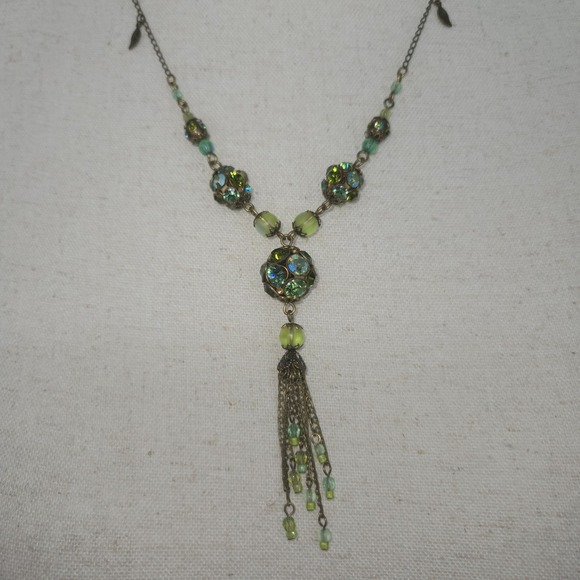 Michal Negrin Green Crystal Tassel Necklace Bronze Tone 25" Boho Romantic Leaf - Picture 4 of 10